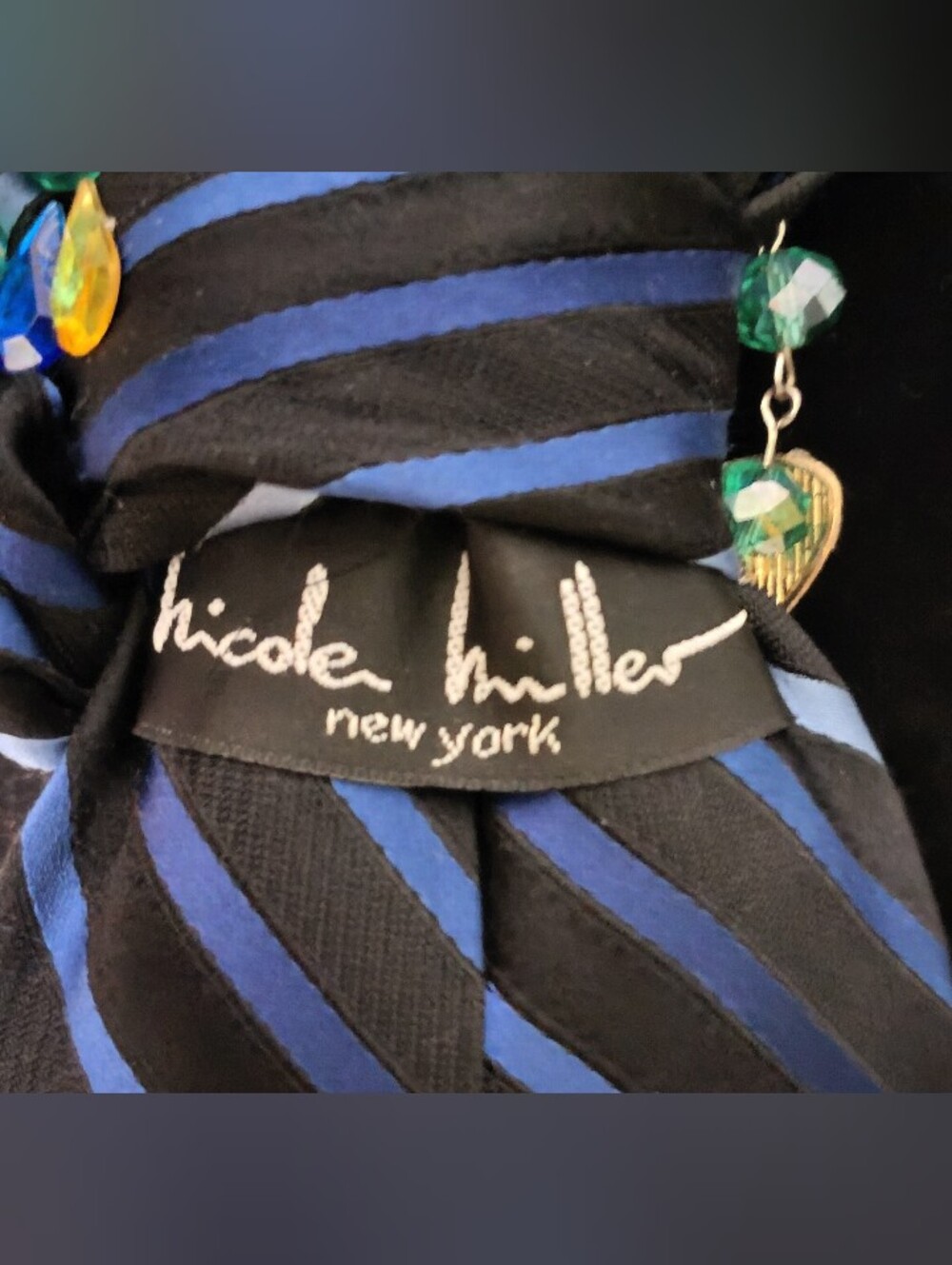Nicole Miller NY Blue Necktie With Emerald Green Beaded Necklace 100% Silk - Picture 3 of 4